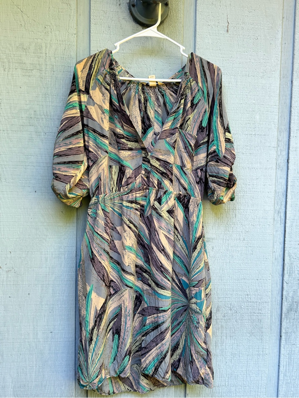 Presley Skye Multicolor Abstract V-Neck Dress Teal, Gray & Cream Hues 100% Silk